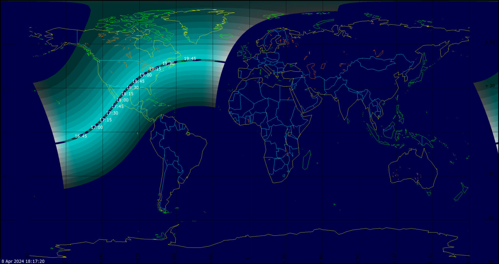 Het pad van de totale zonsverduistering op 8 april 2024