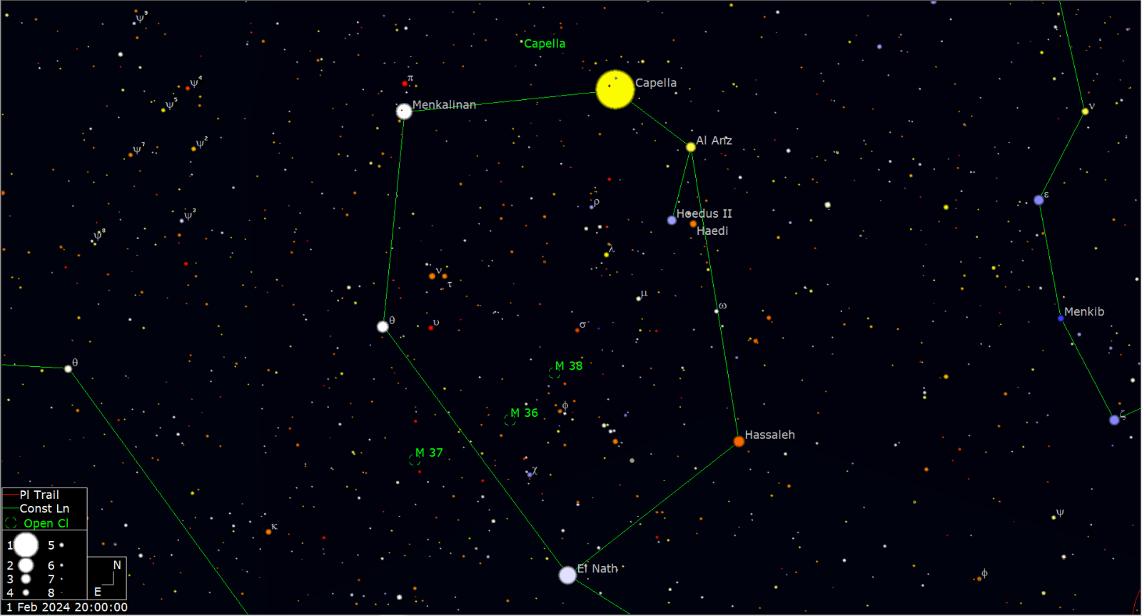 Het sterrenbeeld Auriga (Voerman) met de drie fraaie open sterrenhopen op een rij